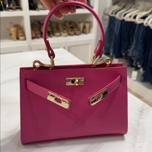 Vera Pelle Fuchsia Mini Top-Handle Bag with Gold Hardware